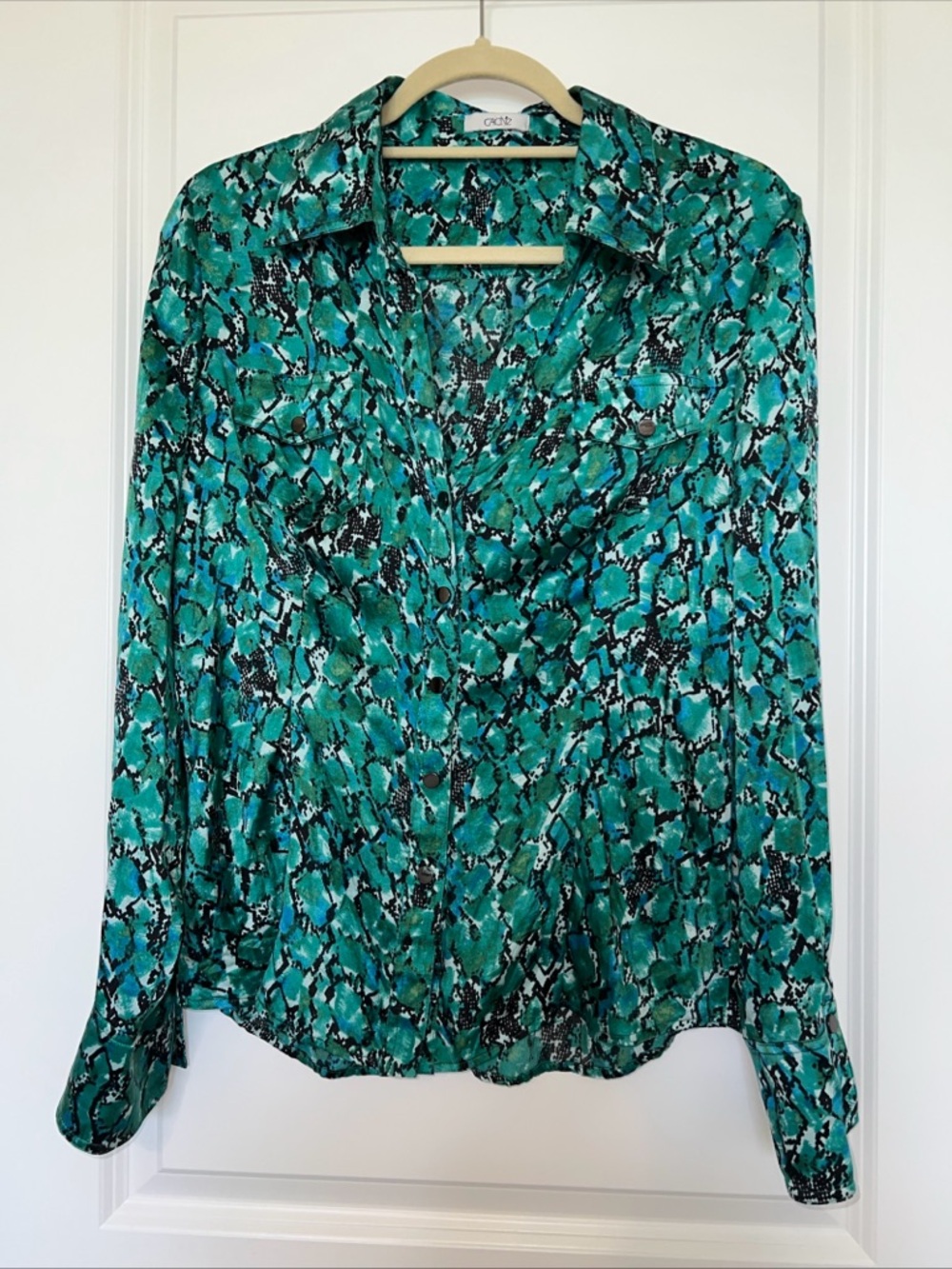 CACHE silk Teal & Black Snake-Print Long Sleeve Button Down Shirt L